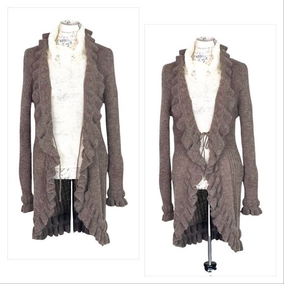 brown Wool Blend Alpaca Cardigan with Ruffle accents - Picture 1 of 6